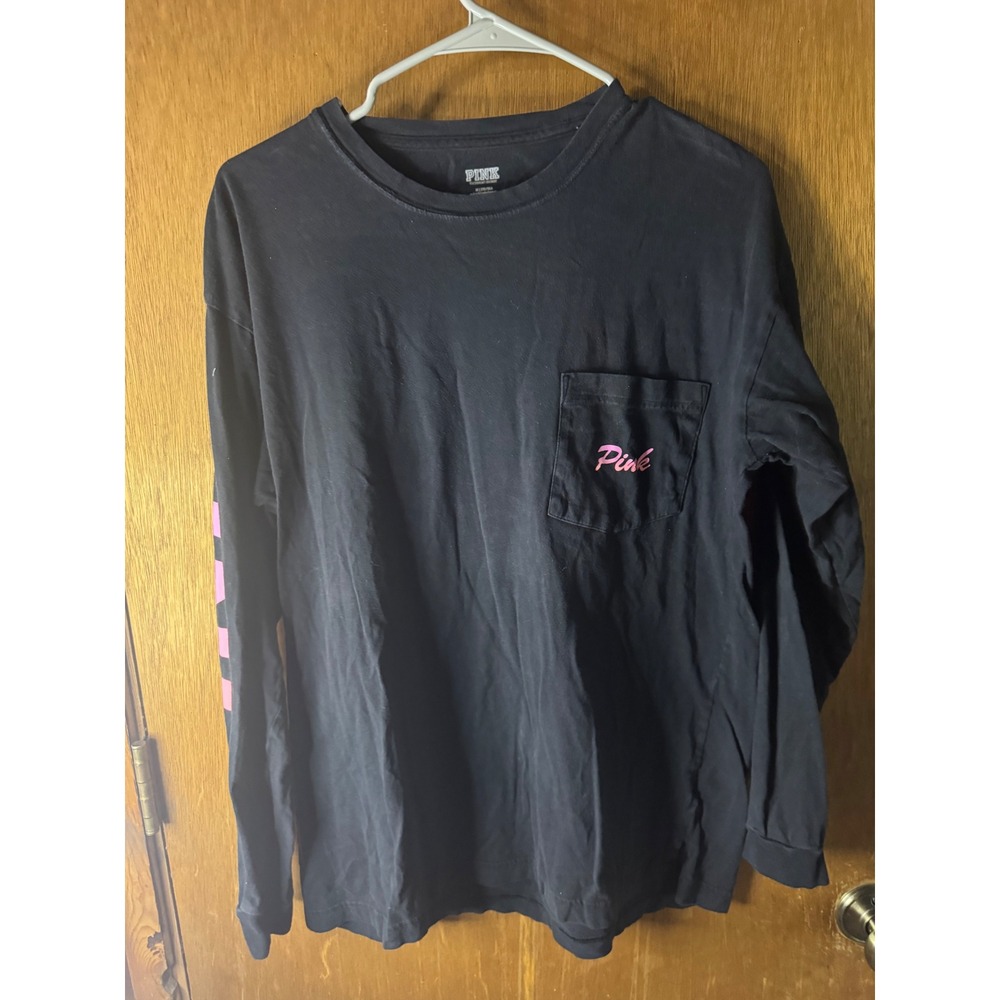 Victoria's Secret PINK Long Sleeve Pocket T-Shirt Black Pink Orange Graphic M